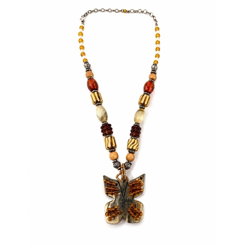 Vintage Artisan Butterfly Pendant Necklace Wood Glass Beads Tribal Boho 24”